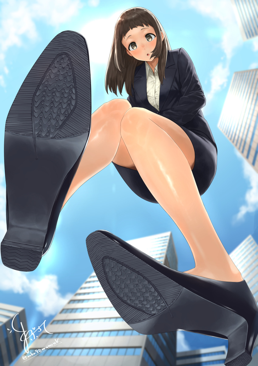 1girl absurdres brown_eyes brown_hair highres light_blush long_hair looking_at_viewer maburoku office_lady pantyhose parted_lips shoes