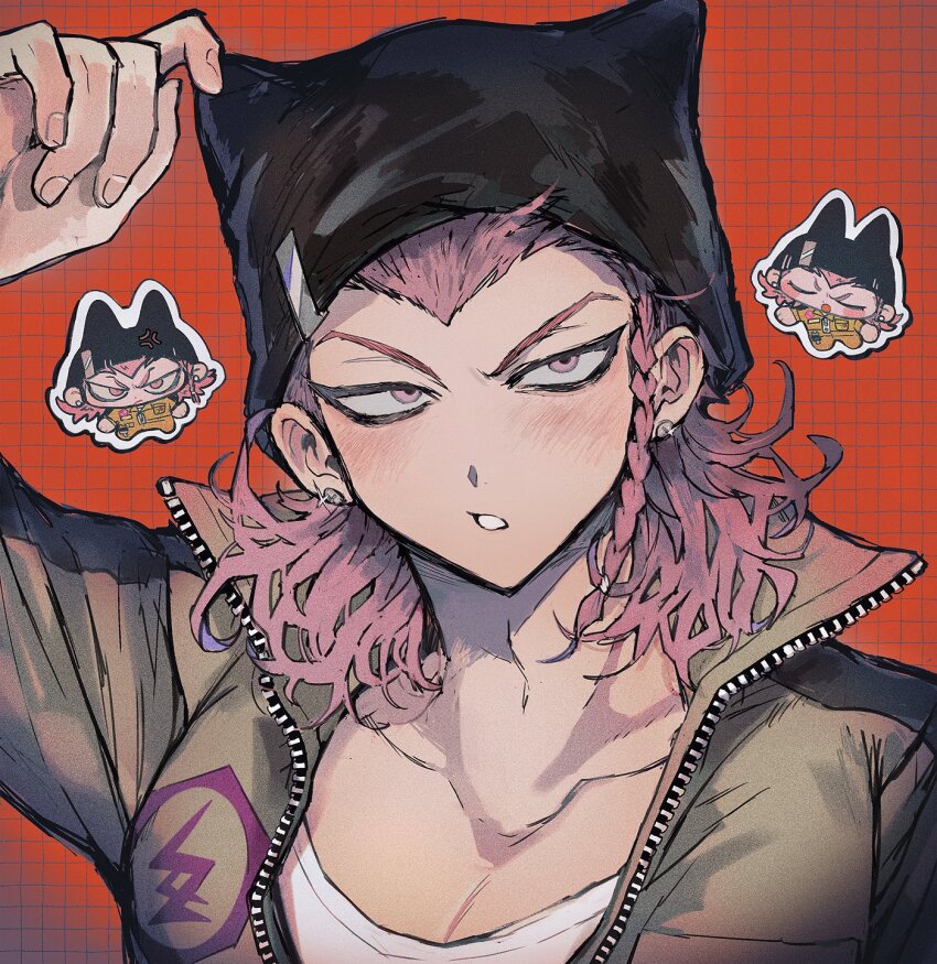 1boy adjusting_clothes adjusting_headwear animal_ears arm_up beanie black_hat blush braid chibi chibi_inset closed_eyes collarbone collared_jumpsuit commentary danganronpa_(series) danganronpa_2:_goodbye_despair ear_piercing earrings grid_background hat highres jewelry jitome joonoyuki jumpsuit looking_at_viewer male_focus medium_hair open_jumpsuit parted_lips piercing pink_eyes pink_hair red_background shirt side_braid single_braid soda_kazuichi solo symbol-only_commentary t-shirt unzipped upper_body white_shirt widow&#039;s_peak yellow_jumpsuit