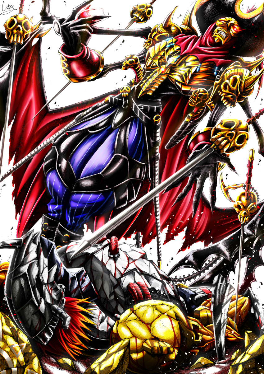 absurdres belt damaged digimon hat highres horns skull sword voltobautamon wargreymon weapon