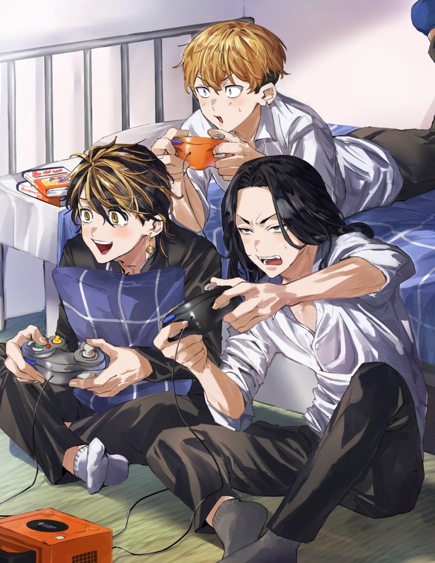 3boys baji_keisuke black_eyes black_hair black_jacket black_pants blonde_hair collared_shirt controller earrings full_body game_console gamecube gamecube_controller hanemiya_kazutora highres holding holding_controller indoors jacket jewelry knee_up long_hair looking_away lying male_focus matsuno_chifuyu mole mole_under_eye multicolored_hair multiple_boys naka_(58hrprtr) on_stomach open_mouth pants pillow shirt single_earring sitting sleeves_rolled_up slice_of_life smile socks sweatdrop tokyo_revengers two-tone_hair undercut white_shirt yellow_eyes