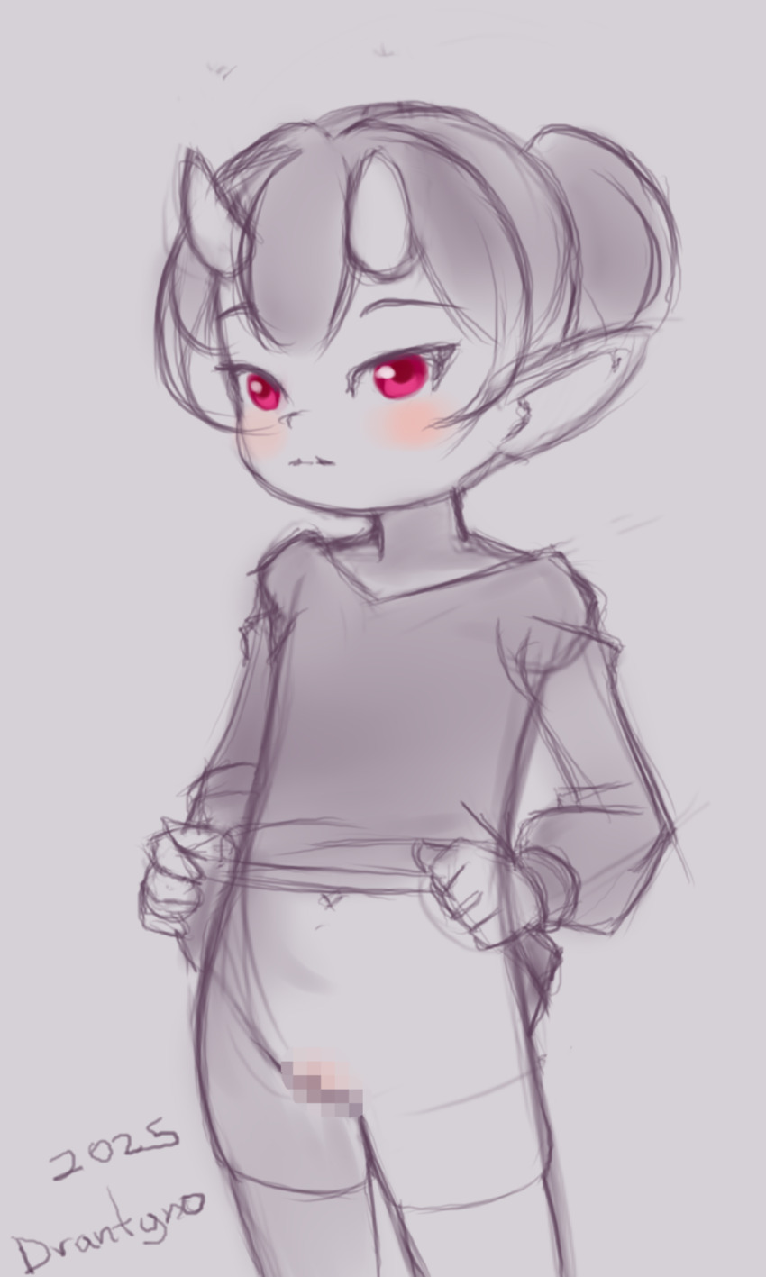 1girl 2025 20s blush censored clothes_lift demon_girl demon_horns drantyno dress dress_lift flat_chest hair_bun highres horns loli long_sleeves looking_at_viewer monochrome navel no_panties oni original pointy_ears pussy red_eyes sketch standing thighhighs