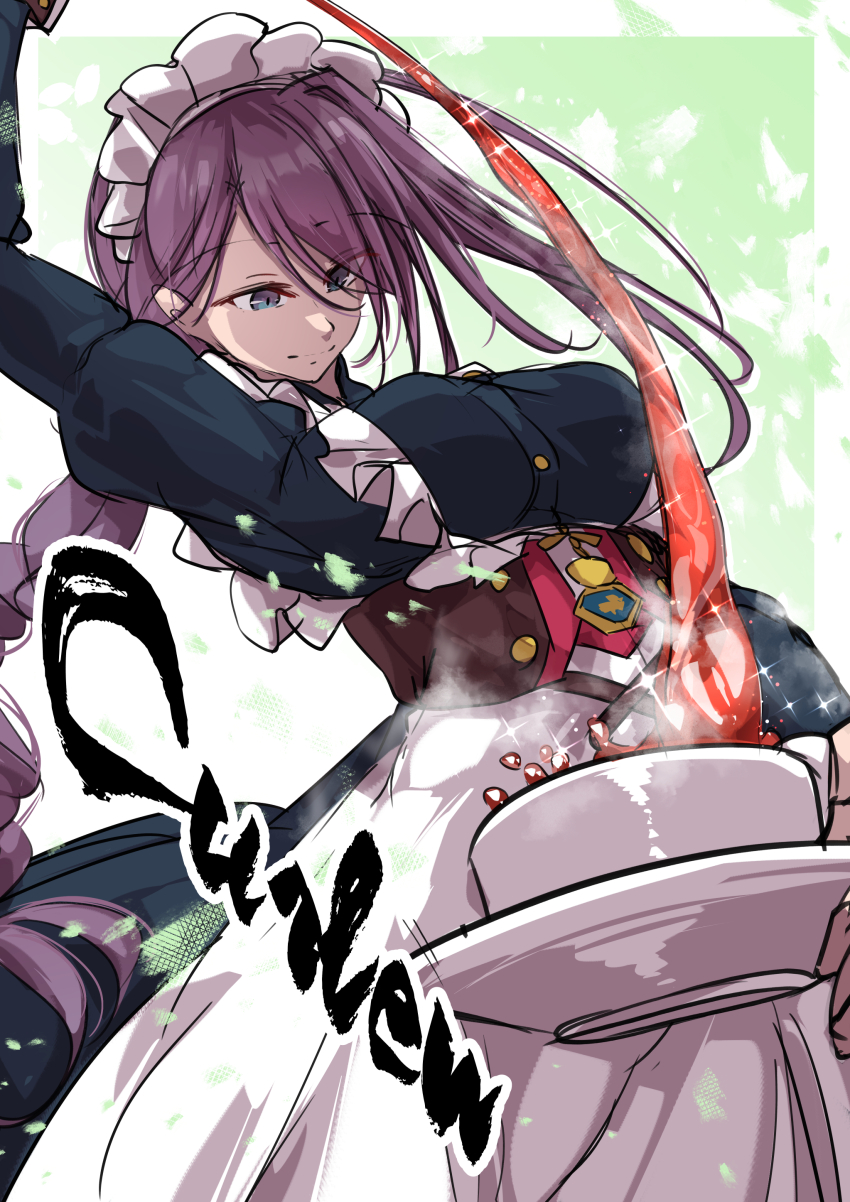 1girl absurdres azur_lane blue_eyes character_name closed_mouth cup curlew_(azur_lane) dress highres holding holding_cup juliet_sleeves long_braid long_dress long_hair long_sleeves maid maid_headdress oriue_wato puffy_sleeves purple_hair sketch solo tea
