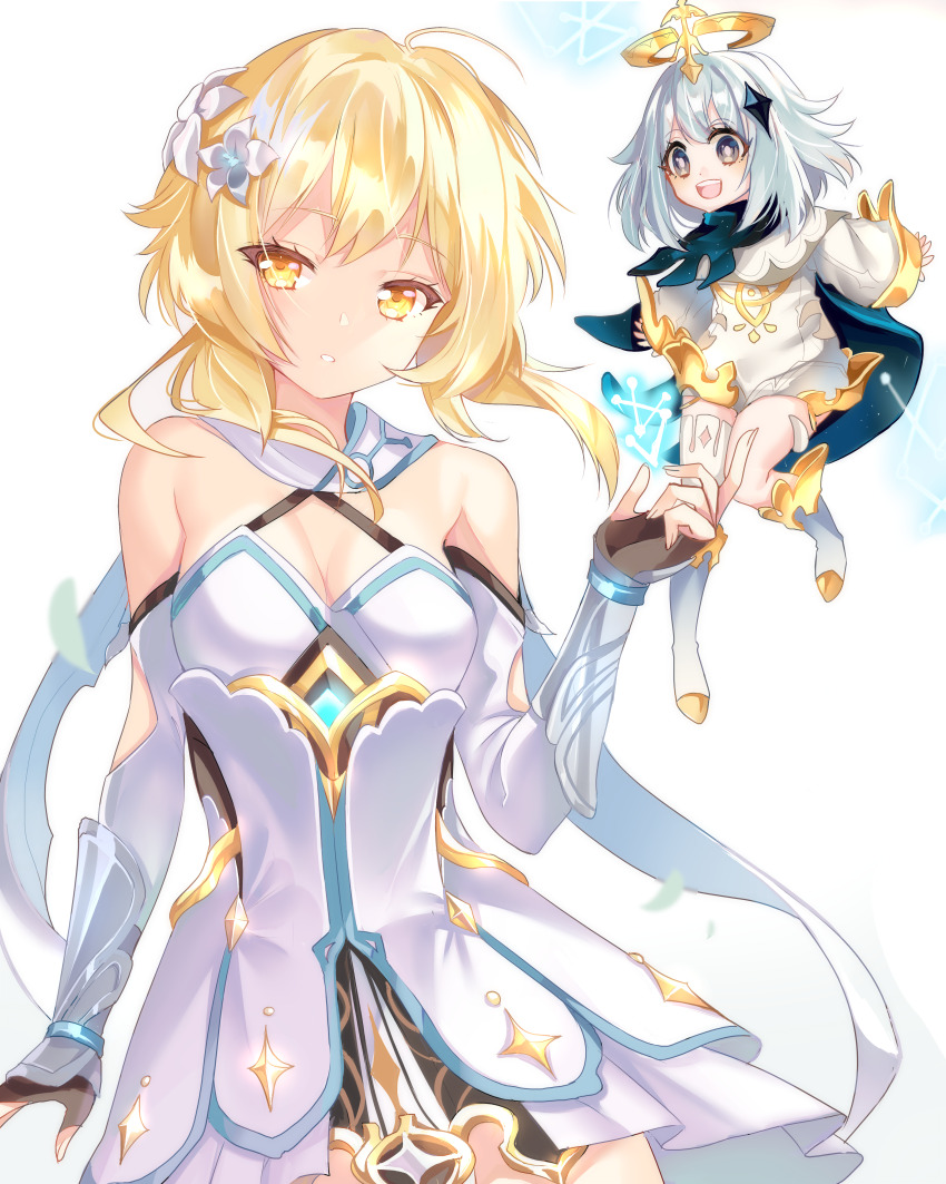 2girls :d absurdres bare_shoulders blonde_hair breasts bright_pupils cleavage commentary detached_sleeves dress fingerless_gloves genshin_impact gloves highres long_sleeves looking_at_another looking_at_viewer lumine_(genshin_impact) multiple_girls open_mouth paimon_(genshin_impact) parted_lips romper simple_background sleeveless sleeveless_dress smile vambraces white_background white_dress white_hair white_romper wide_sleeves yaya_chan yellow_eyes