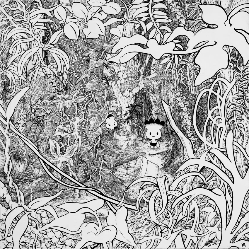 2boys absurdly_detailed_composition absurdres artist_logo bird black_shorts commentary_request creature foliage grass greyscale hatching_(texture) highres initial leaf linear_hatching lineart logo monochrome multiple_boys nature original outdoors plant plant_roots potted_plant shorts standing takitasaki tree wide_shot