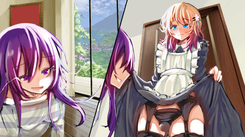 1boy 1girl :d alternate_costume black_garter_belt black_panties black_thighhighs blue_eyes blush bulge clothes_lift commentary_request crossdressing door enmaided garter_belt genderswap genderswap_(ftm) gochuumon_wa_usagi_desu_ka? gradient_hair grin hair_ornament hairclip hoto_cocoa indoors lifting_own_clothes long_hair maid male_maid multicolored_hair namazu_(6097232) open_mouth orange_hair panties pink_hair purple_eyes purple_hair shirt smile striped_clothes striped_shirt tedeza_rize thighhighs trap twintails underwear wavy_mouth window