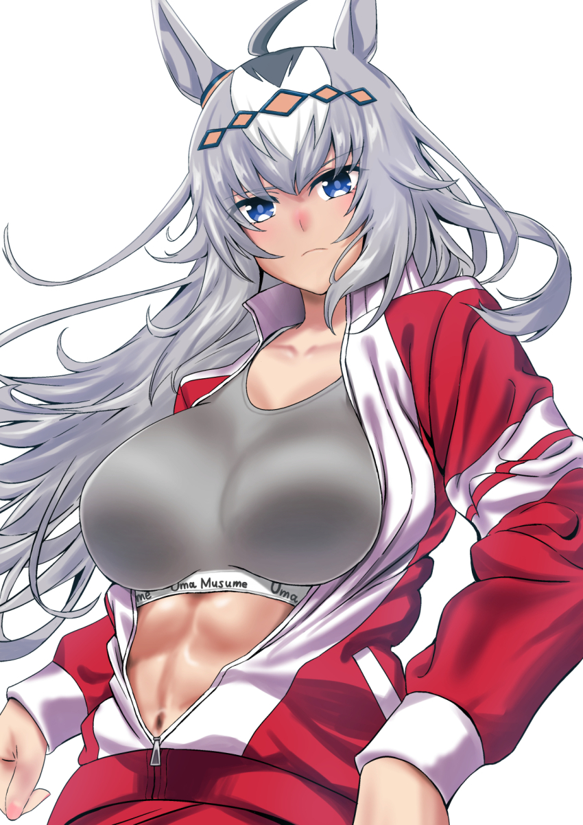 1girl abs ahoge animal_ears blue_eyes breasts closed_mouth collarbone commentary_request ear_ornament grey_hair grey_sports_bra hair_ornament hakase_yurisuki highres horse_ears horse_girl jacket large_breasts long_hair long_sleeves looking_at_viewer multicolored_hair navel oguri_cap_(umamusume) open_clothes open_jacket pants partially_unzipped red_jacket simple_background solo sports_bra streaked_hair tracen_training_uniform track_jacket track_pants umamusume upper_body very_long_hair white_background