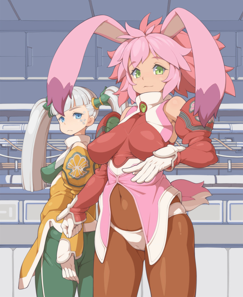 2girls :&lt; animal_ears ass blue_eyes bodysuit breasts cameltoe covered_erect_nipples covered_navel colored_bangs elbow_gloves gloves green_eyes highres large_breasts multicolored_hair multiple_girls panties panties_over_pantyhose pantyhose pantylines rabbit_ears red_hair revision sagging_breasts seraphita seraphita_(xenogears) silver_hair skin_tight tenako_(mugu77) tolone tolone_(xenogears) twintails underwear xenogears