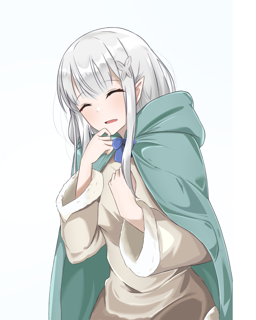 bard blue_flower cape collared_cape elf emilia_(re:zero) flower green_cape green_hat green_sleeves hair_flower hair_ornament hat highres leaf_hair_ornament pointy_ears purple_eyes re:zero_kara_hajimeru_isekai_seikatsu rose shokobr stirrup_footwear white_flower white_rose x_hair_ornament
