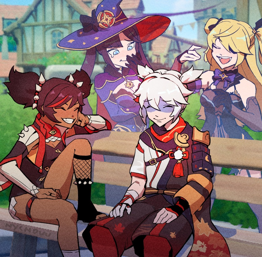1boy 3girls alternate_hairstyle armor asymmetrical_sleeves bandaged_arm bandages bench black_gloves blonde_hair blue_eyes blue_leotard blush bow breasts bridal_gauntlets chest_belt cleavage closed_eyes closed_mouth dark-skinned_female dark_skin eyepatch false_smile fischl_(genshin_impact) genshin_impact gloves grin hakama hakama_shorts hat highleg highleg_leotard highres japanese_armor japanese_clothes kaedehara_kazuha leaf_print leotard maple_leaf_print medium_breasts mona_(genshin_impact) multicolored_hair multiple_girls nycnouu open_mouth pom_pom_(clothes) purple_bow red_hair shorts shoulder_armor sitting smile standing streaked_hair thigh_strap twintails white_hair witch_hat xinyan_(genshin_impact)