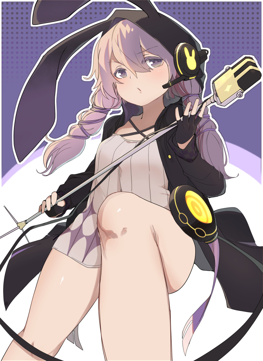 1girl absurdres animal_hood animal_print black_gloves black_hoodie dress female_focus fingerless_gloves gloves hair_between_eyes hair_ribbon headset highres holding hood hood_up hoodie long_sleeves microphone_stand open_clothes open_hoodie purple_eyes purple_hair rabbit_hood rabbit_print ribbon short_hair_with_long_locks siwasunohige solo voiceroid yuzuki_yukari yuzuki_yukari_(lin)