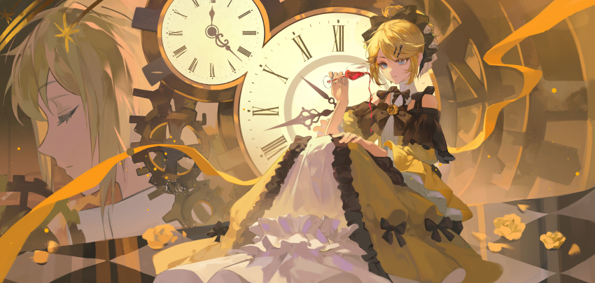 1boy 1girl absurdres aku_no_musume_(vocaloid) alcohol allen_avadonia bare_shoulders black_bow black_bowtie blonde_hair blue_eyes bow bowtie checkered_floor clock closed_eyes closed_mouth commentary cup dress dress_bow drinking_glass evillious_nendaiki flower frilled_dress frilled_sleeves frills gears gown hair_bow hair_ornament hair_up hairpin hand_on_own_knee highres imoudosuki kagamine_len kagamine_rin multicolored_dress petals profile puffy_sleeves red_wine ribbon riliane_lucifen_d&#039;autriche roman_numeral rose rose_petals siblings sidelocks sitting spilling twins vocaloid wine wine_glass yellow_flower yellow_ribbon yellow_rose