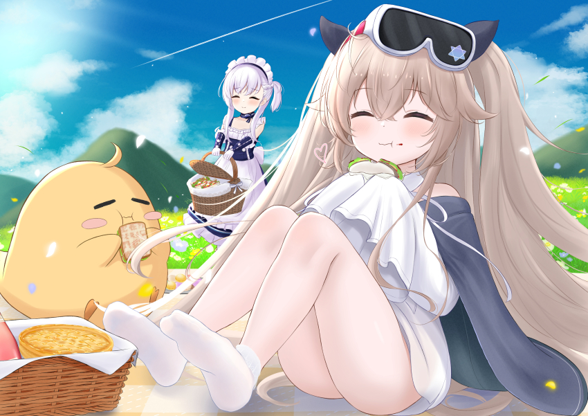 2girls absurdres azur_lane blonde_hair blush_stickers cherry_blossoms chestnut_mouth closed_eyes cloud commentary_request contrail dress eating feet flower food goggles goggles_on_head hair_ornament highres hill little_anchorage_(azur_lane) little_bel_(azur_lane) long_hair long_sleeves maid maid_headdress manjuu_(azur_lane) multiple_girls open_mouth paashe petals picnic picnic_basket sandwich sitting sleeves_past_fingers sleeves_past_wrists smile socks thighs white_hair white_socks