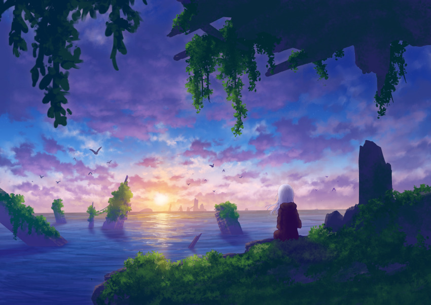 1girl abandoned absurdres au_ito bird blue_sky building city cityscape cloud cloudy_sky commentary_request floating_hair flood from_behind grass highres hood hoodie long_hair long_hoodie long_sleeves original overgrown pink_clouds plant post-apocalypse red_hoodie reflection reflective_water ruins scenery sitting sky skyscraper solo star_(sky) sun sunset very_wide_shot vines white_hair