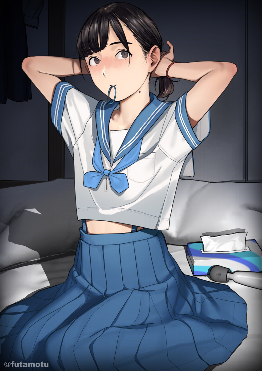 1girl absurdres arms_behind_head arms_up black_hair blue_bow blue_bowtie blue_serafuku blunt_bangs bow bowtie breast_pocket brown_eyes commentary_request full_body futamotu futon hair_tie_in_mouth hair_tie_on_wrist highres hitachi_magic_wand indoors looking_at_viewer loose_bowtie medium_hair midriff_peek mole mole_on_neck mouth_hold original pillow pocket sailor_collar sailor_shirt satonaka_megumi_(futamotu) school_uniform serafuku sex_toy shirt short_sleeves sitting skirt solo suspender_skirt suspenders tissue_box twitter_username tying_hair vibrator wariza