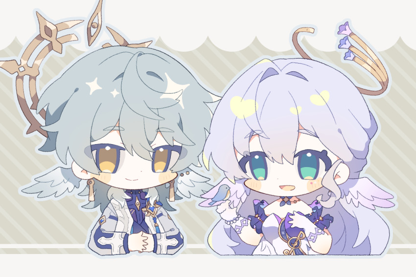1boy 1girl cropped_torso green_eyes grey_hair halo halo_behind_head head_wings honkai:_star_rail honkai_(series) komano_shia purple_hair robin_(honkai:_star_rail) sunday_(honkai:_star_rail) wings yellow_eyes