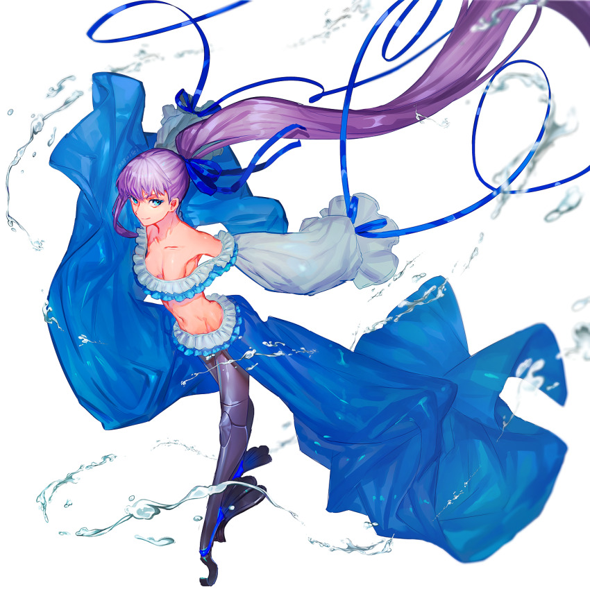 1girl bare_shoulders bikini blue_eyes blue_ribbon breasts collarbone fate/grand_order fate_(series) frilled_bikini frills hair_ribbon highres long_hair long_sleeves looking_at_viewer meltryllis meltryllis_(fate) meltryllis_(swimsuit_lancer)_(fate) meltryllis_(swimsuit_lancer)_(third_ascension)_(fate) off-shoulder_bikini off_shoulder prosthesis prosthetic_leg purple_hair ribbon side_ponytail simple_background sleeves_past_fingers sleeves_past_wrists small_breasts solo swimsuit very_long_hair water waterstaring white_background white_bikini
