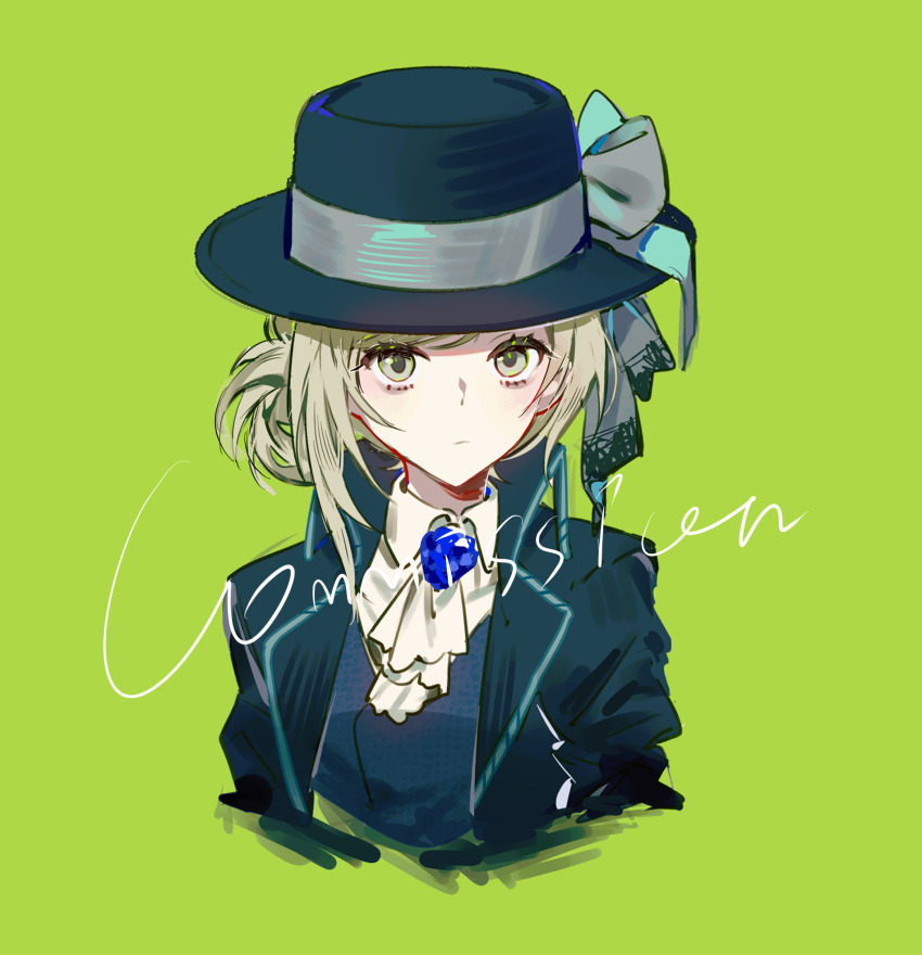 1girl ascot asymmetrical_hair black_hat black_jacket blazer blue_gemstone blue_vest bow chinese_commentary closed_mouth collared_jacket collared_shirt commentary_request commission cropped_torso eyelashes gem green_background green_eyes grey_bow grey_hair hair_bun hat hat_bow highres jacket kitakawayui lapels light_blush light_frown long_sleeves looking_at_viewer notched_lapels open_clothes open_jacket reverse:1999 shirt short_hair simple_background single_side_bun single_sidelock solo swept_bangs top_hat vertin_(reverse:1999) vest watermark white_ascot white_shirt
