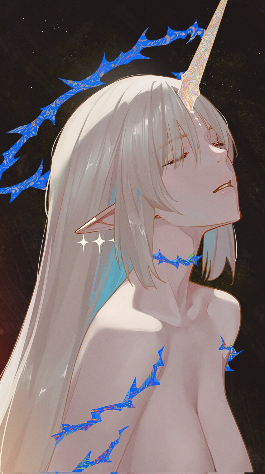 1girl blonde_hair blue_hair breasts closed_eyes colored_inner_hair commentary corrupted_twitter_file crown_of_thorns drid earrings fleurdelys_(wuthering_waves) floating_earrings highres horns jewelry large_breasts long_hair long_horns multicolored_hair nude parted_lips pointy_ears sidelocks single_horn solo tacet_mark_(wuthering_waves) upper_body wuthering_waves
