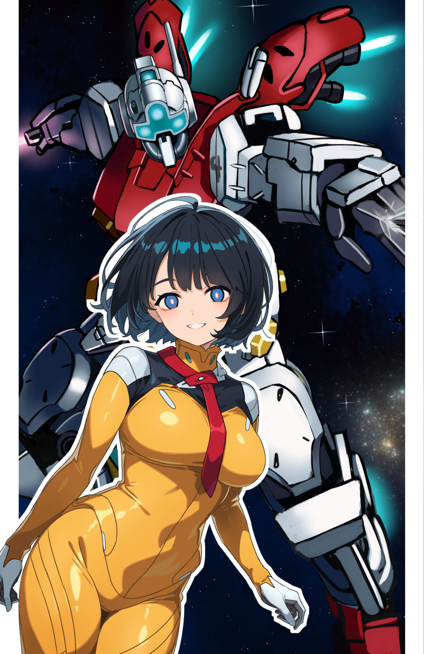 1girl assault_visor black_hair blue_eyes blue_visor bodysuit breasts bright_pupils commentary_request energy_sword gelgoog gelgoog_(gquuuuuux) grin gundam gundam_gquuuuuux highres large_breasts looking_at_viewer mecha mecha_pilot_suit mobile_suit nebula necktie normal_suit_(gundam) outline outside_border outstretched_arms pillarboxed red_necktie reibun_(raven1119) robot science_fiction shiiko_sugai short_hair skin_tight smile space spacesuit spread_arms star_(sky) sword weapon white_outline white_pupils yellow_bodysuit