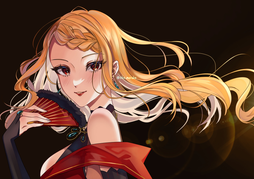 1girl absurdres blush breasts bridal_gauntlets dress earrings floating_hair grin hand_fan highres jewelry large_breasts long_hair looking_at_viewer orange_hair priscilla_barielle re:zero_kara_hajimeru_isekai_seikatsu red_dress red_eyes siba_maruko smile solo