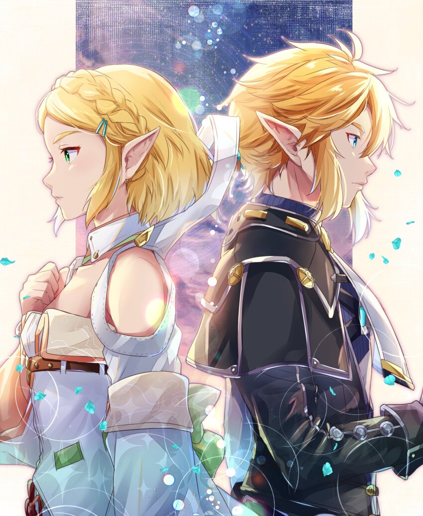 1boy 1girl braid breasts cosplay crossover dress earrings hair_ornament highres jewelry link long_hair mio_(xenoblade) mio_(xenoblade)_(cosplay) nintendo noah_(xenoblade) noah_(xenoblade)_(cosplay) ponytail princess_zelda short_hair the_legend_of_zelda the_legend_of_zelda:_tears_of_the_kingdom ui_frara upper_body xenoblade_chronicles_(series) xenoblade_chronicles_3