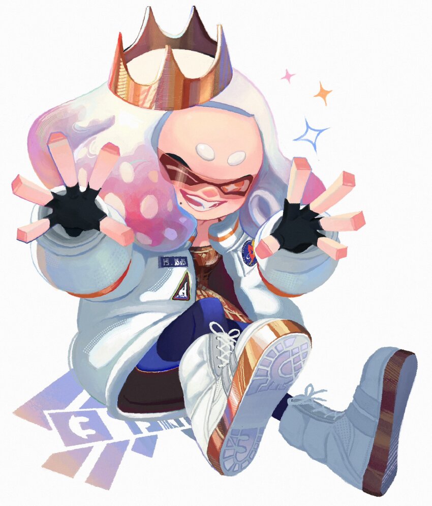 1girl black_gloves blunt_bangs boots bright_pupils commentary cross-shaped_pupils crown dress fang fingerless_gloves full_body gloves gold_crown highres inkling jacket ka1_(k4k37) lace-up_boots long_sleeves looking_at_viewer medium_hair mole mole_under_mouth multicolored_hair nintendo official_alternate_costume one_eye_closed open_clothes open_hands open_jacket open_mouth orange_dress orange_eyes pantyhose pearl_(damp_socks_feat._off_the_hook)_(splatoon) pearl_(splatoon) pink_hair purple_pantyhose red-tinted_eyewear smile solo splatoon_(series) splatoon_3 sunglasses symbol-only_commentary symbol-shaped_pupils tentacle_hair tilted_headwear tinted_eyewear two-tone_hair white_background white_boots white_hair white_jacket white_pupils