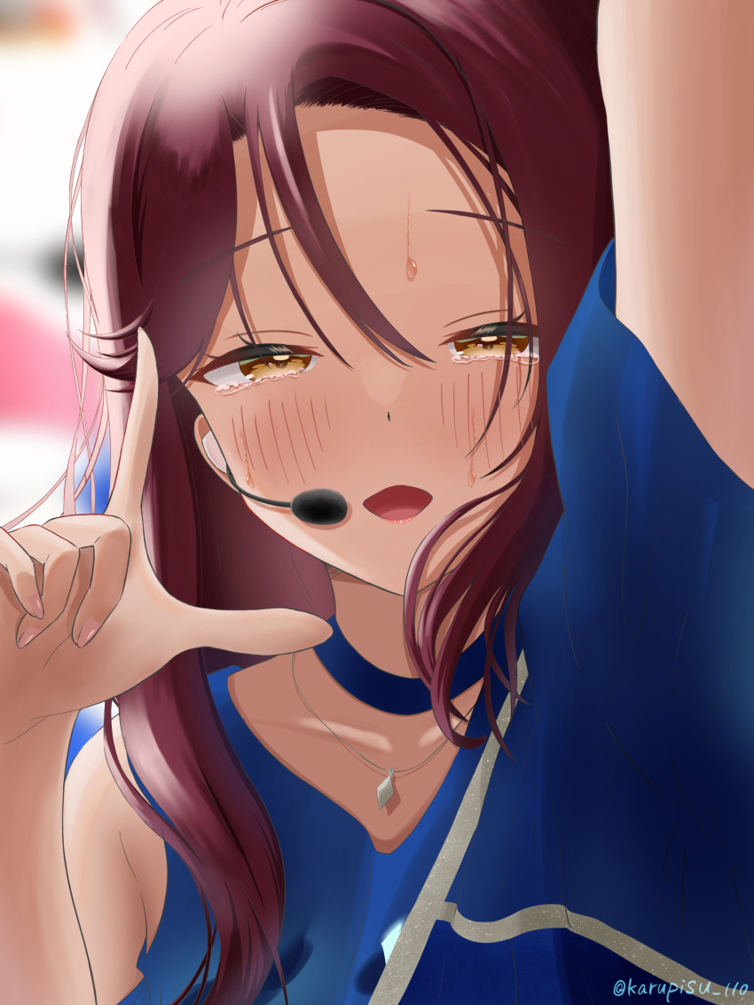 1girl absurdres arm_up armpit_crease bare_shoulders clothing_cutout collarbone commentary_request diamond_necklace eikyuu_hours finger_gun highres jewelry karupisu_110 looking_at_viewer love_live! love_live!_sunshine!! necklace official_alternate_costume open_mouth red_hair sakurauchi_riko short_sleeves shoulder_cutout smile solo twitter_username upper_body