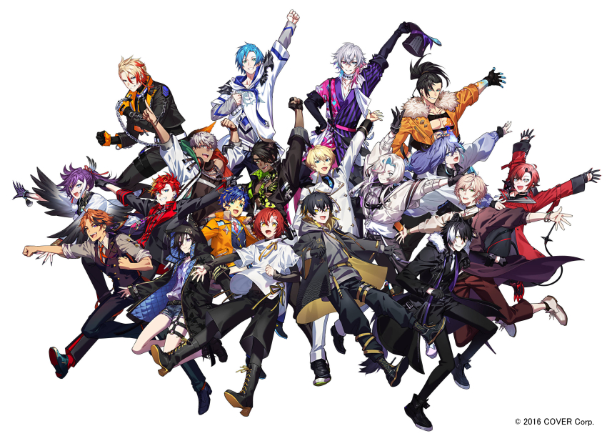 6+boys animal_ears aragami_oga arm_up arms_up astel_leda axel_syrios banzoin_hakka black_choker black_gloves black_hair blonde_hair blue_eyes blue_hair boots chain chain_necklace choker commentary_request copyright_name denim denim_shorts everyone eyepatch fingerless_gloves full_body fumiko_(throughx2) gavis_bettel gloves gradient_clothes gradient_jacket green_eyes grey_hair hair_between_eyes hanasaki_miyabi hanasaki_miyabi_(1st_costume) hand_on_own_hip happy hat headphones headphones_around_neck heterochromia highres hizaki_gamma holding holding_unworn_clothes holding_unworn_hat holostars holostars_english holotempus hood hood_up hoodie jackal_boy jackal_ears jacket jewelry josuiji_shinri jumping kageyama_shien_(1st_costume) kanade_izuru_(1st_costume) kishido_temma kishido_temma_(1st_costume) lace-up_boots long_hair looking_at_viewer machina_x_flayon male_focus medium_hair minase_rio multicolored_hair multiple_boys necklace off_shoulder official_art open_clothes open_jacket open_mouth orange_hair pectorals pink_eyes pink_hair ponytail pouch purple_eyes purple_hair red_hair regis_altare rikka_(1st_costume)_(holostars) shirt short_hair shorts smile striped_clothes striped_shirt thigh_pouch top_hat two-tone_hair unworn_hat unworn_headwear utsugi_uyu utsugi_uyu_(1st_costume) vertical-striped_clothes vertical-striped_shirt virtual_youtuber white_hair yatogami_fuma yatogami_fuma_(1st_costume) yellow_eyes yukoku_roberu yukoku_roberu_(1st_costume)
