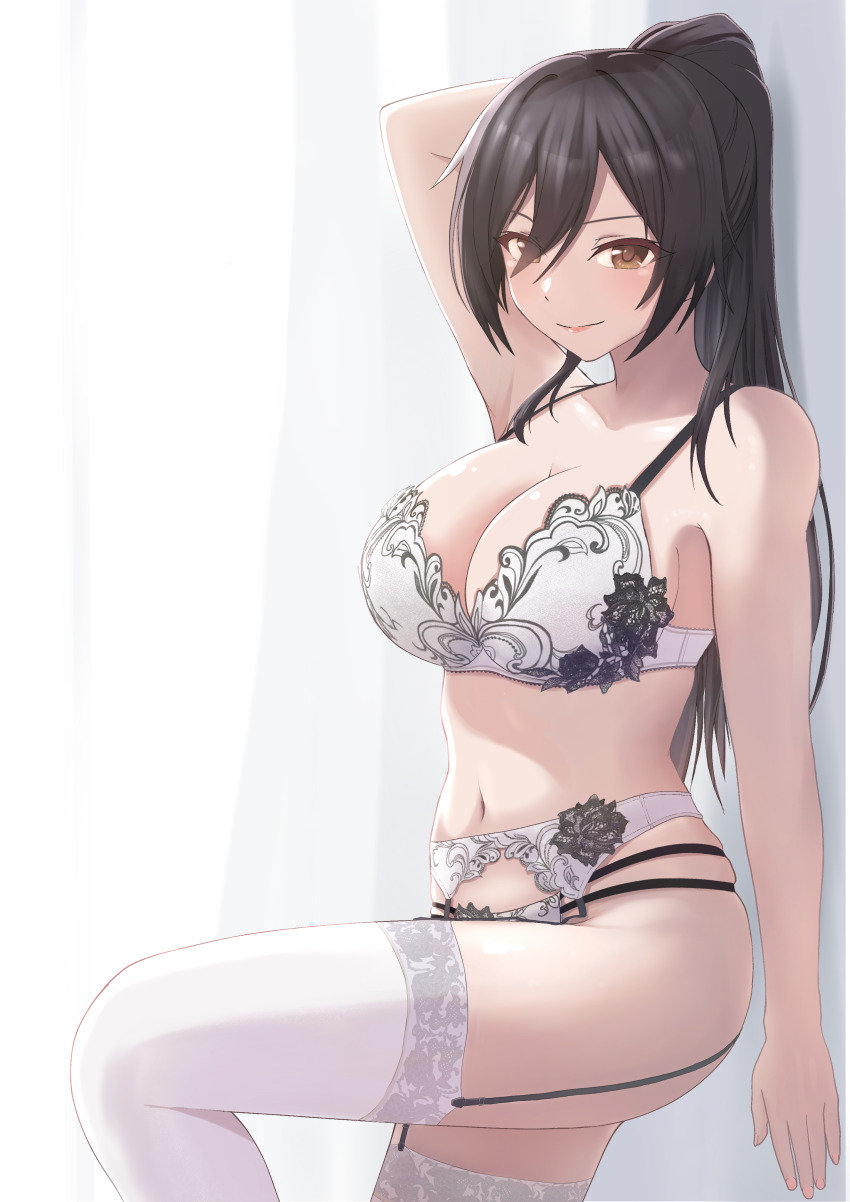 1girl absurdres bare_shoulders black_hair bra breasts brown_eyes cleavage collarbone garter_belt hair_between_eyes highres idolmaster idolmaster_shiny_colors large_breasts leg_up lingerie long_hair looking_at_viewer navel panties ponytail shirase_sakuya shooter_(l.i.r) solo thighhighs thighs underwear underwear_only white_bra white_panties white_thighhighs