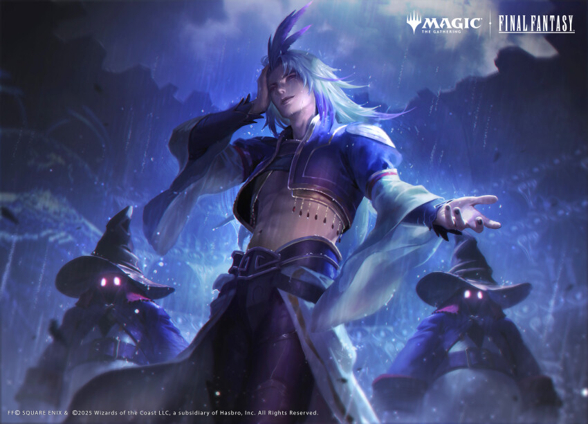 1boy 2others black_mage_(final_fantasy) copyright_name copyright_notice evil_smile final_fantasy final_fantasy_ix glowing glowing_eyes grey_hair hat highres joshua_raphael kuja looking_at_viewer magic:_the_gathering multicolored_hair multiple_others official_art outstretched_arm rain smile wet wet_hair wide_sleeves wizard_hat