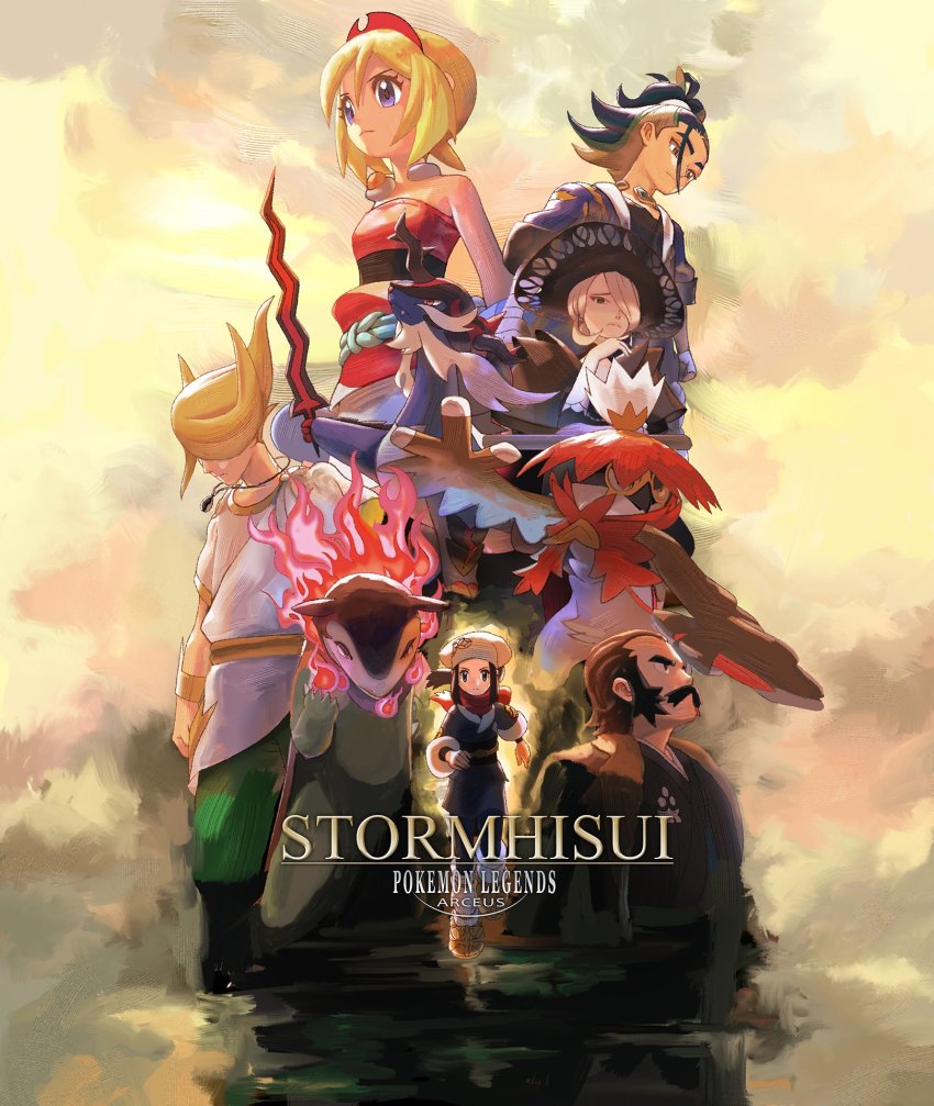 3boys 3girls adaman_(pokemon) akari_(pokemon) blonde_hair blue_coat brown_hair coat cogita_(pokemon) collar commentary_request copyright_name eyelashes facial_hair final_fantasy final_fantasy_xiv final_fantasy_xiv:_stormblood green_pants headscarf highres hisuian_decidueye hisuian_samurott hisuian_typhlosion holding holding_sword holding_weapon irida_(pokemon) jacket kamado_(pokemon) multiple_boys multiple_girls mustache nintendo pants parody pokemon pokemon_legends:_arceus pokeyugami ponytail purple_eyes red_scarf sash scarf shirt sidelocks strapless strapless_shirt sword volo_(pokemon) weapon white_headscarf white_shirt
