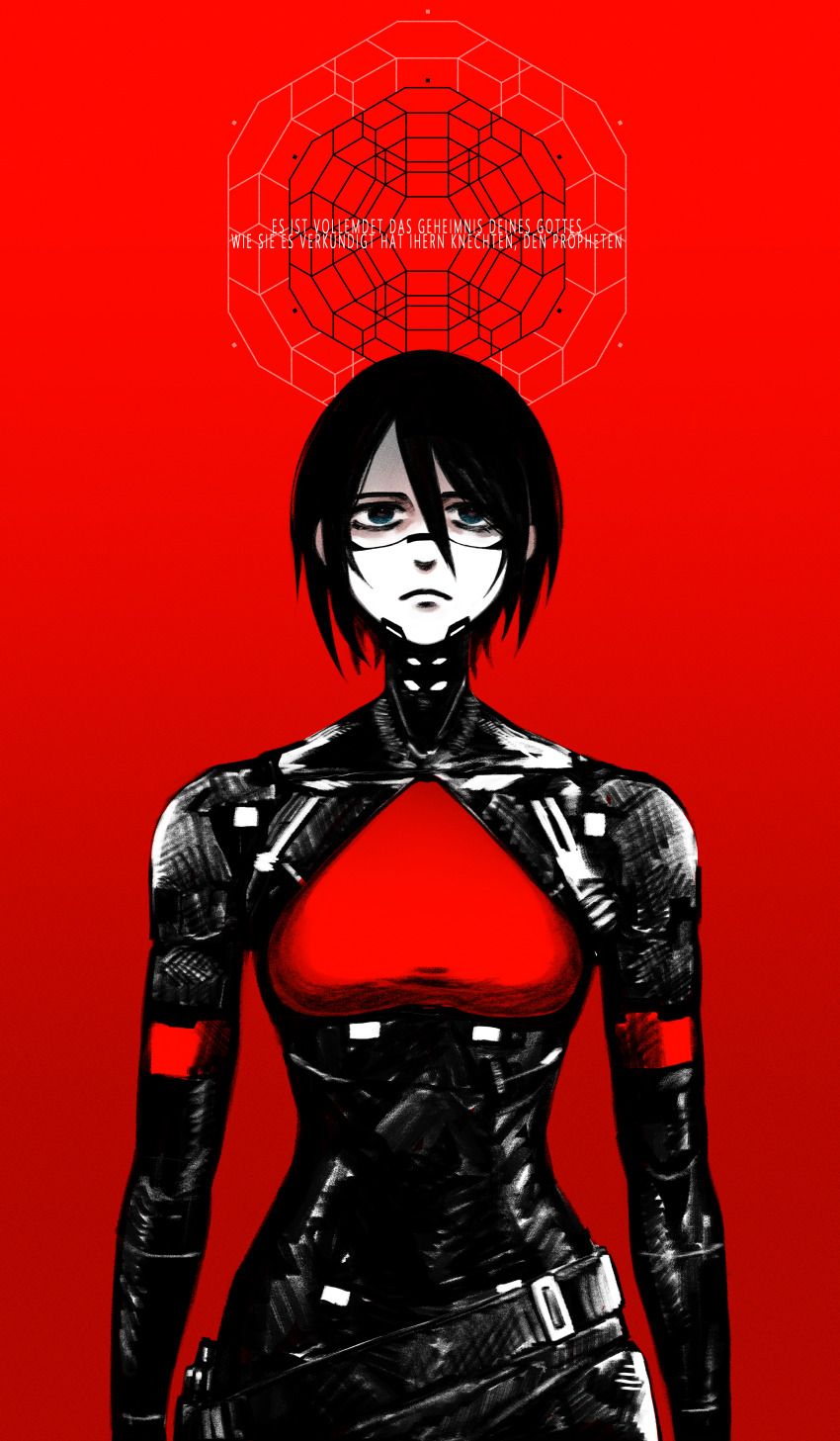 1girl absurdres android belt black_bodysuit black_hair blue_eyes bodysuit breasts closed_mouth collarbone commentary elster_(signalis) english_commentary frown german_text ginseng_(xin) highres red_background red_pupils red_theme short_hair signalis solo upper_body