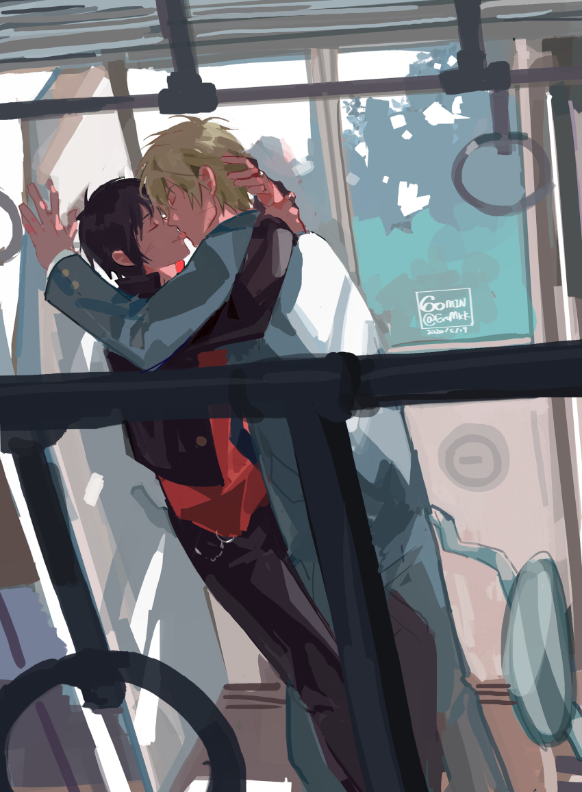 2boys absurdres arm_up arms_around_neck black_hair black_jacket black_pants blonde_hair chain closed_eyes couple durarara!! eromkk feet_out_of_frame formal_clothes french_kiss grey_jacket grey_pants hair_behind_ear hand_on_another&#039;s_head heiwajima_shizuo highres jacket kiss layered_sleeves long_sleeves male_focus multiple_boys open_clothes open_jacket orihara_izaya pants parted_bangs red_shirt shirt suit suit_jacket train_interior tree twitter_username window yaoi