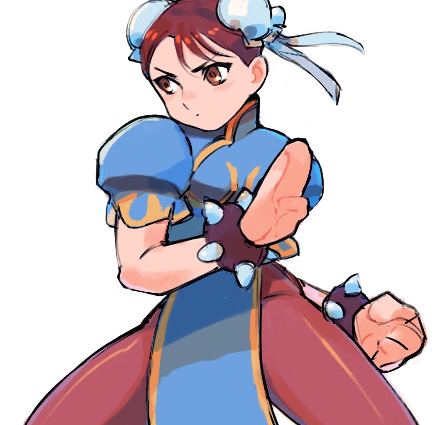 1girl blue_dress bracelet brown_eyes bun_cover capcom china_dress chinese_clothes chun-li clenched_hand double_bun dress gan2 hair_bun highres jewelry pantyhose pelvic_curtain puffy_short_sleeves puffy_sleeves red_hair red_pantyhose short_sleeves simple_background solo spiked_bracelet spikes street_fighter v-shaped_eyebrows white_background
