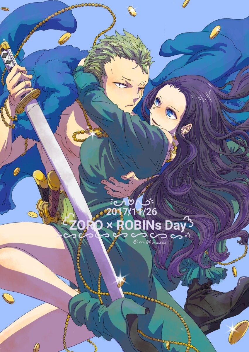 1boy 1girl black_footwear blue_background blue_coat blue_eyes boots coat coin commentary dress green_dress green_footwear green_hair haramaki highres hug long_hair looking_at_another looking_at_viewer nico_robin nikoban one_piece pants profile roronoa_zoro scar scar_across_eye scar_on_face short_hair simple_background smile spiked_hair sword torso weapon