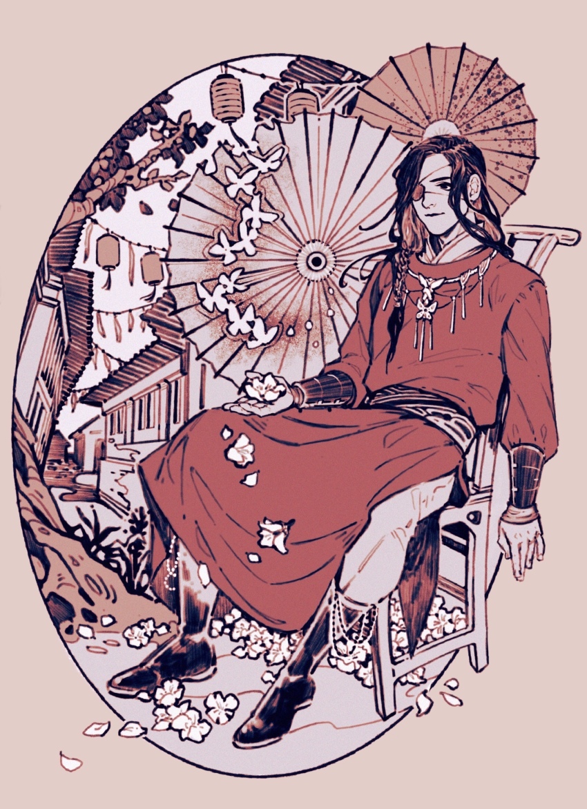 1boy black_boots black_eyes black_hair boots border bracer braid brown_background bug building butterfly butterfly_necklace chair chinese_clothes closed_mouth eyepatch falling_flower falling_petals fiona_fu flower hair_ornament hanfu hanging_lantern highres holding holding_flower hua_cheng insect lantern layered_clothes light_smile long_hair long_sleeves male_focus monochrome_background muted_color oil-paper_umbrella on_chair outdoors outside_border oval oval_background pants paper_lantern petals red_hanfu side_braid sitting solo tianguan_cifu tree umbrella white_butterfly white_flower white_pants white_petals