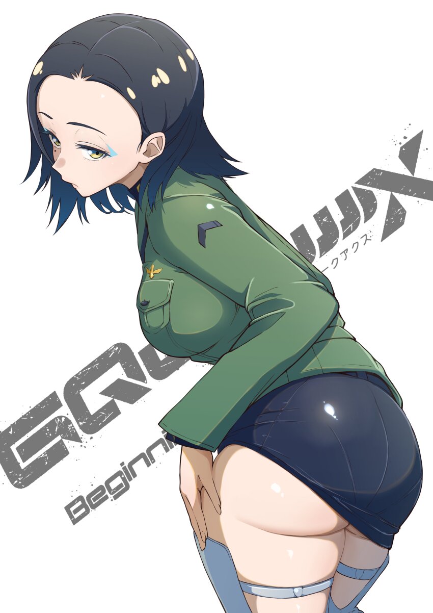1girl absurdres ass black_hair blue_eyeshadow breasts closed_mouth comoli_harcourt eyeshadow forehead from_behind gundam gundam_gquuuuuux highres long_sleeves looking_at_viewer looking_back makeup mashiroshiro military_uniform mole mole_under_eye pencil_skirt shirt short_hair simple_background skindentation skirt solo thighhighs white_thighhighs yellow_eyes