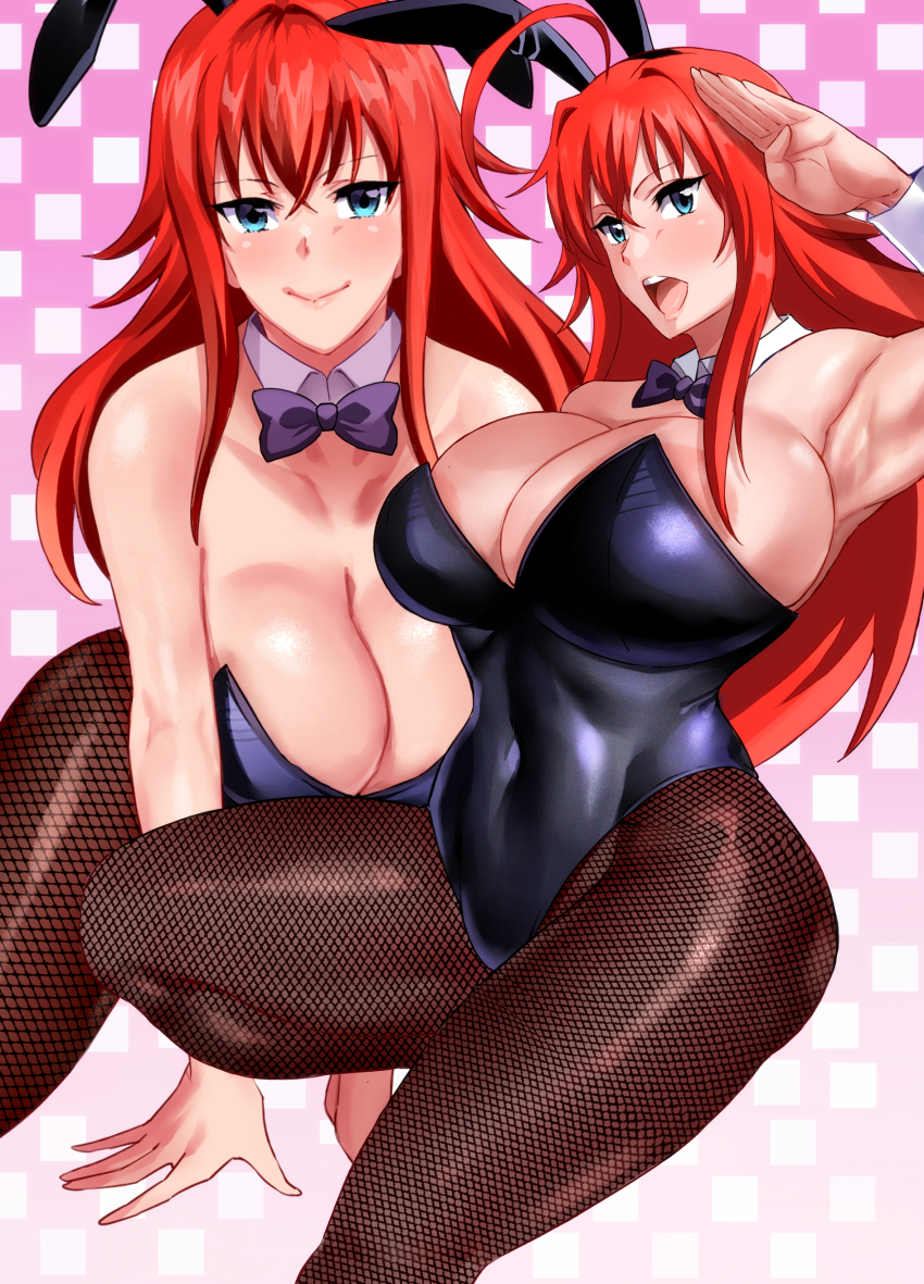 1girl absurdres ahoge animal_ears areola_slip armpits ass bare_shoulders black_leotard blue_eyes breasts cleavage closed_mouth fake_animal_ears fishnet_pantyhose fishnets from_side gluteal_fold haikawa_hemlen hair_between_eyes high_school_dxd highres huge_breasts knee_up large_areolae leotard long_hair looking_at_viewer multiple_views open_mouth paid_reward_available pantyhose pink_background playboy_bunny red_hair rias_gremory smile spread_legs two-tone_background very_long_hair white_background wrist_cuffs