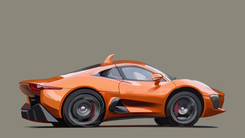 brown_background car commentary english_commentary from_side highres jaguar_(car) jaguar_c-x75 motion_blur motor_vehicle no_humans orange_car original shadow sports_car vehicle_focus will_pierce