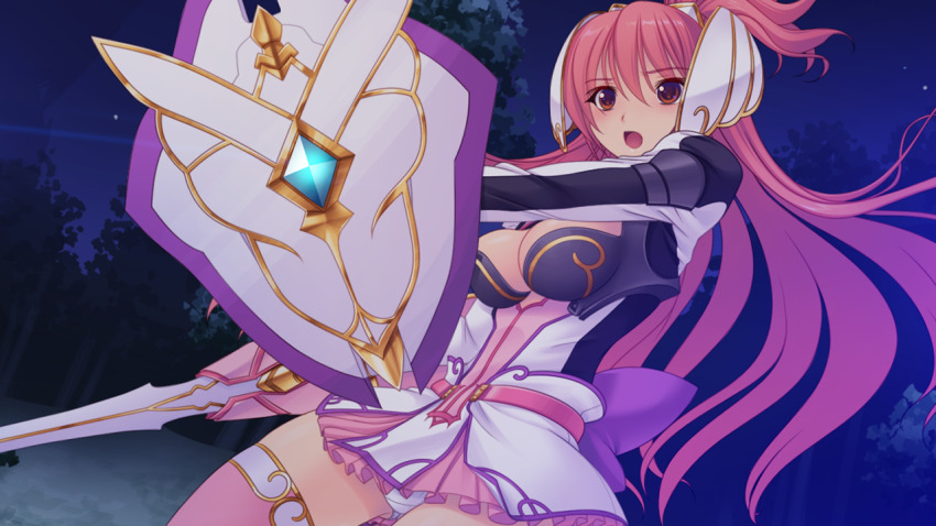 1girl :o armor back_bow bow breasts brown_eyes cleavage cowboy_shot dress dutch_angle en_ciel_rena en_ciel_rena_(sin) floating_hair forest frills game_cg gem gloves hair_between_eyes holding holding_shield holding_sword holding_weapon kourin_tenshi_en_ciel_rena large_variant_set long_hair long_sleeves looking_at_viewer medium_breasts miniskirt nature night night_sky non-web_source official_art one_side_up open_mouth outdoors panties pantyshot pink_gloves pink_hair pink_skirt pink_thighhighs purple_bow red_eyes saitou_natsuki shield short_dress shoulder_armor side_ponytail skirt sky solo standing star_(sky) starry_sky suhamaya sword thighhighs tomoe_rena tree underwear variant_set very_long_hair weapon white_dress white_panties