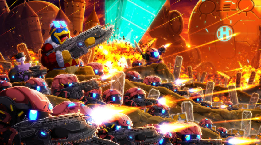 access_ark armor army castle escargon explosion firing gears_of_war goggles goggles_on_head gun hat helldoron highres holding holding_gun holding_weapon king_dedede kirby:_planet_robobot kirby:_right_back_at_ya kirby_(series) lancer_(gears_of_war) laughing military_hat nintendo power_armor shell_casing smirk sword waddle_dee waddle_doo war weapon