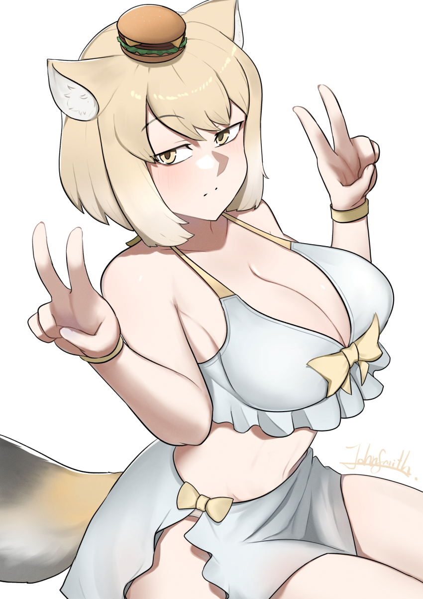 1girl animal_ears blonde_hair bracelet breasts burger cleavage double_v food food_on_head fox_ears fox_tail frilled_bikini_top highres jewelry john_(a2556349) kemono_friends kemono_friends_3 large_breasts looking_at_viewer multicolored_hair object_on_head sarong short_hair solo tail tibetan_fox_(kemono_friends) v white_hair yellow_eyes