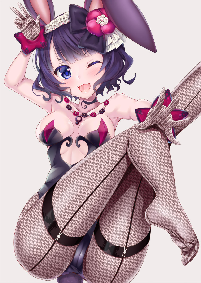 1girl ;d animal_ears bare_shoulders black_hairband black_leotard blue_eyes blush breasts brown_background cameltoe collarbone fate/grand_order fate_(series) feet female_focus fishnet_gloves fishnet_pantyhose fishnets frilled_hairband frills gloves hairband highres katsushika_hokusai_(fate) ko_yu leotard medium_breasts no_shoes one_eye_closed open_mouth outstretched_arm pantyhose purple_hair rabbit_ears rabbit_tail sidelocks simple_background smile soles solo strapless strapless_leotard tail v-shaped_eyebrows