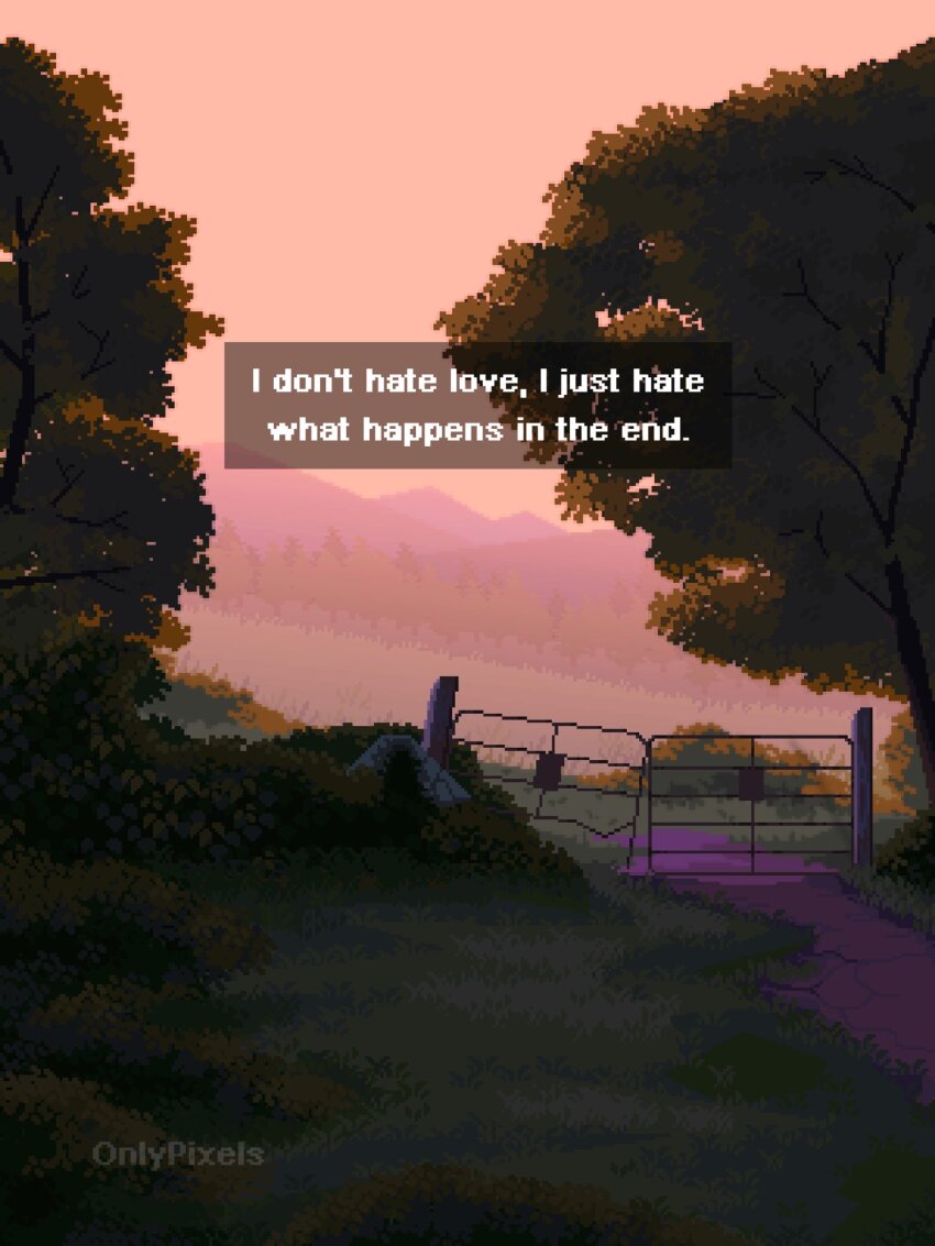 bush dirt_road english_text gate glowing grass highres metal_gate mountainous_horizon no_humans onlypixeeels original pixel_art road scenery sunlight sunrise sunset tree