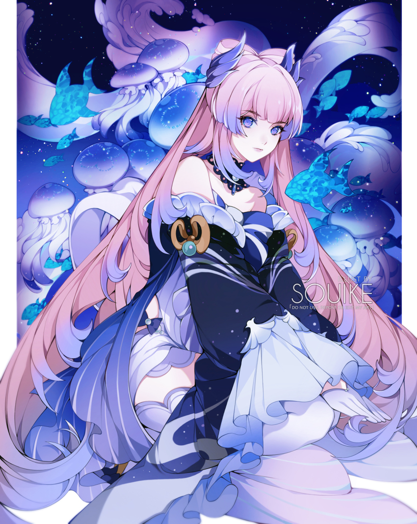 1girl air_bubble ass banned_artist bare_shoulders black_bow black_sandals black_sleeves blue_hair bow bubble closed_mouth commentary detached_collar detached_sleeves expressionless feather_hair_ornament feathers fish frills full_body genshin_impact gloves gradient_hair grin hair_ornament half_gloves highres japanese_clothes jellyfish knot lips long_hair long_sleeves multicolored_hair pink_hair purple_eyes purple_hair reflection sandals sangonomiya_kokomi short_eyebrows short_shorts shorts sidelocks sitting smile solo souike tabi tassel thick_eyebrows thighhighs thighs underwater very_long_hair vision_(genshin_impact) water white_gloves white_shorts white_thighhighs wide_sleeves