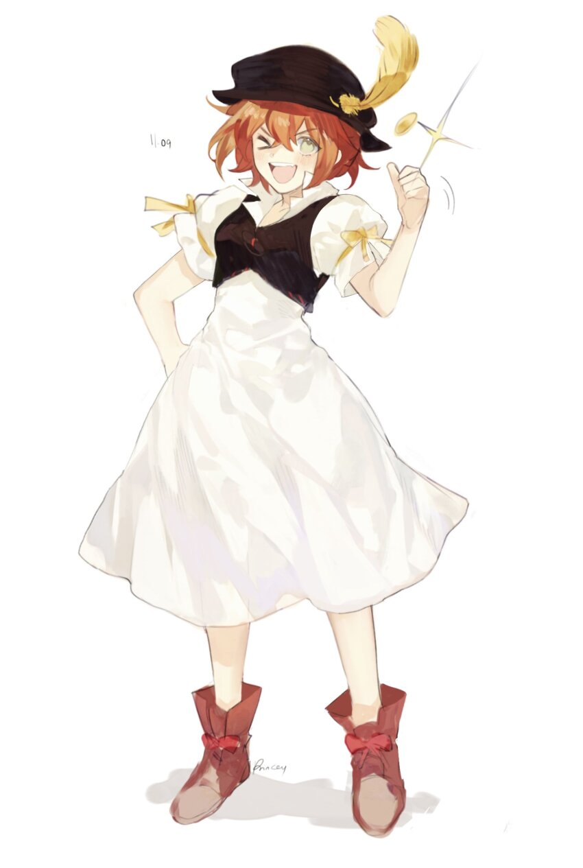 1girl absurdres aubz blush brown_hair dress full_body green_eyes hat highres looking_at_viewer octopath_traveler octopath_traveler_i one_eye_closed open_mouth short_hair simple_background smile tressa_(octopath_traveler) tressa_colzione