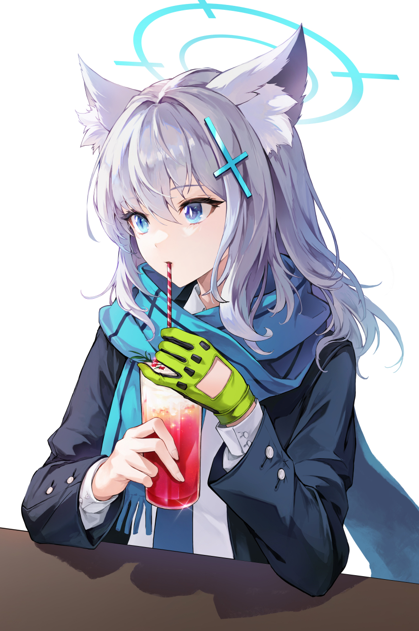 1girl absurdres animal_ear_fluff animal_ears blazer blue_archive blue_eyes blue_jacket blue_scarf cup drinking_straw drinking_straw_in_mouth gloves halo highres holding holding_cup jacket long_hair long_sleeves minj_kim scarf school_uniform shiroko_(blue_archive) shirt single_glove solo upper_body white_background white_hair white_shirt wolf_ears