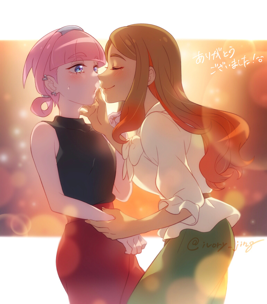 2girls artist_name blouse blue_eyes brown_hair closed_eyes cowboy_shot ear_piercing hair_down hand_on_another&#039;s_face highres imminent_kiss ivory_(25680nico) long_hair medium_hair mollie_(pokemon) multiple_girls nintendo orla_(pokemon) piercing pink_hair pokemon pokemon_(anime) pokemon_horizons shirt simple_background skirt smile yuri