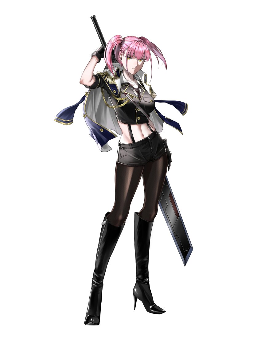 1girl absurdres boots breasts buttons closed_mouth commentary_request commission delsaber fishnet_pantyhose fishnets full_body gloves high_heel_boots high_heels highres holding holding_sword holding_weapon jacket jacket_on_shoulders knee_boots long_hair looking_at_viewer medium_breasts midriff navel necktie original pantyhose pink_hair short_sleeves shorts simple_background solo standing stomach sword twintails weapon white_background yellow_eyes