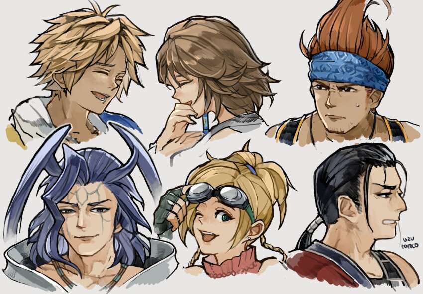 2girls 4boys ahoge armor artist_name auron bare_shoulders beads black_hair blonde_hair blue_hair blue_headband braid brown_hair clenched_teeth closed_eyes earrings facial_hair facial_mark final_fantasy final_fantasy_x fingerless_gloves furrowed_brow gloves goggles goggles_on_head green_eyes hair_beads hair_ornament hair_tie hand_to_own_mouth headband highres hood hood_down jewelry laughing long_hair low_ponytail medium_hair multiple_boys multiple_girls one_eye_closed open_mouth orange_hair orange_shirt parted_bangs ponytail portrait rikku_(ff10) seymour_guado shirt short_hair short_ponytail shoulder_armor single_bare_shoulder sleeveless sleeveless_turtleneck smile soul_patch sweatdrop swept_bangs tank_top teeth tidus turtleneck twin_braids twintails uzutanco wakka white_background white_shirt yuna_(ff10)